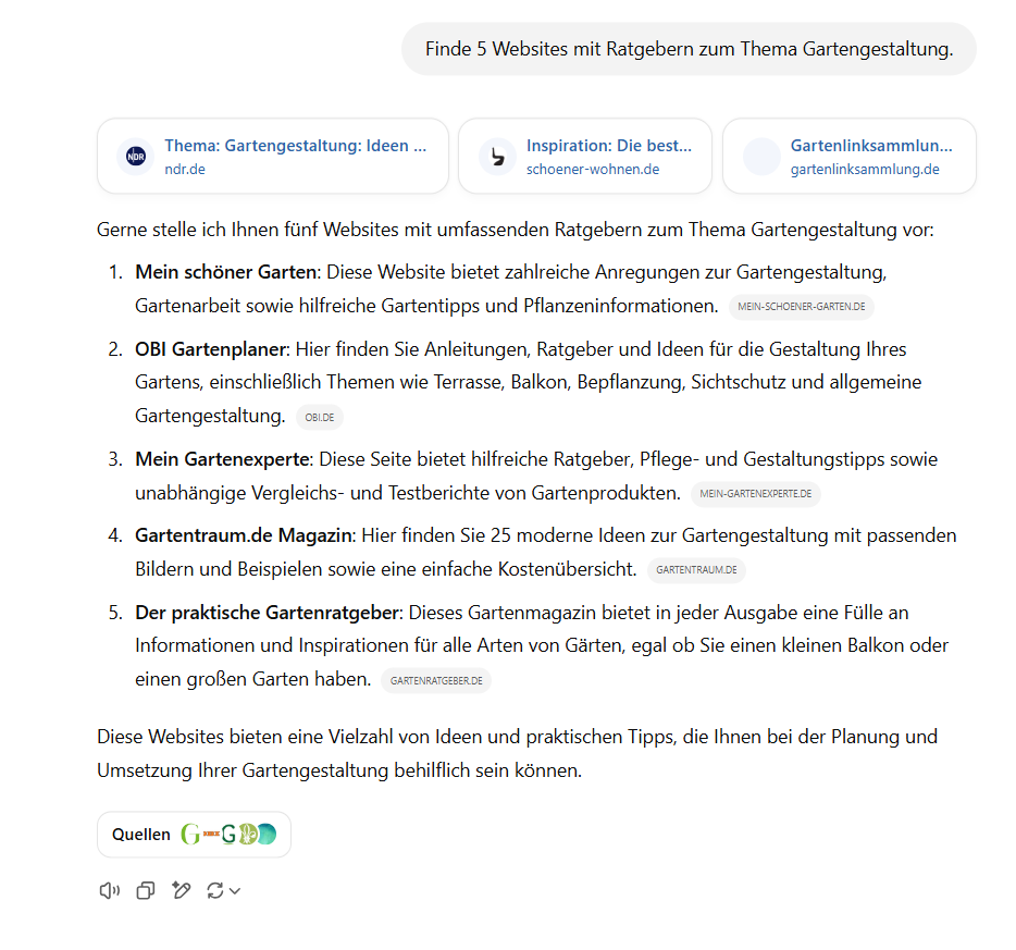 Man sieht einen Screenshot der ChatGPT Oberfläche, bei dem nach 5 Websites mit Ratgeber zur Gartengestaltung gefragt wird.