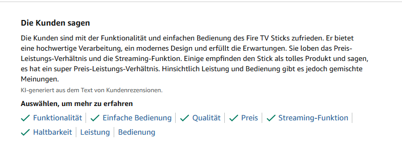 Das Bild einen KI-generierten Text aus den Kundenrezensionen zu dem Amazon Fire-TV-Stick.