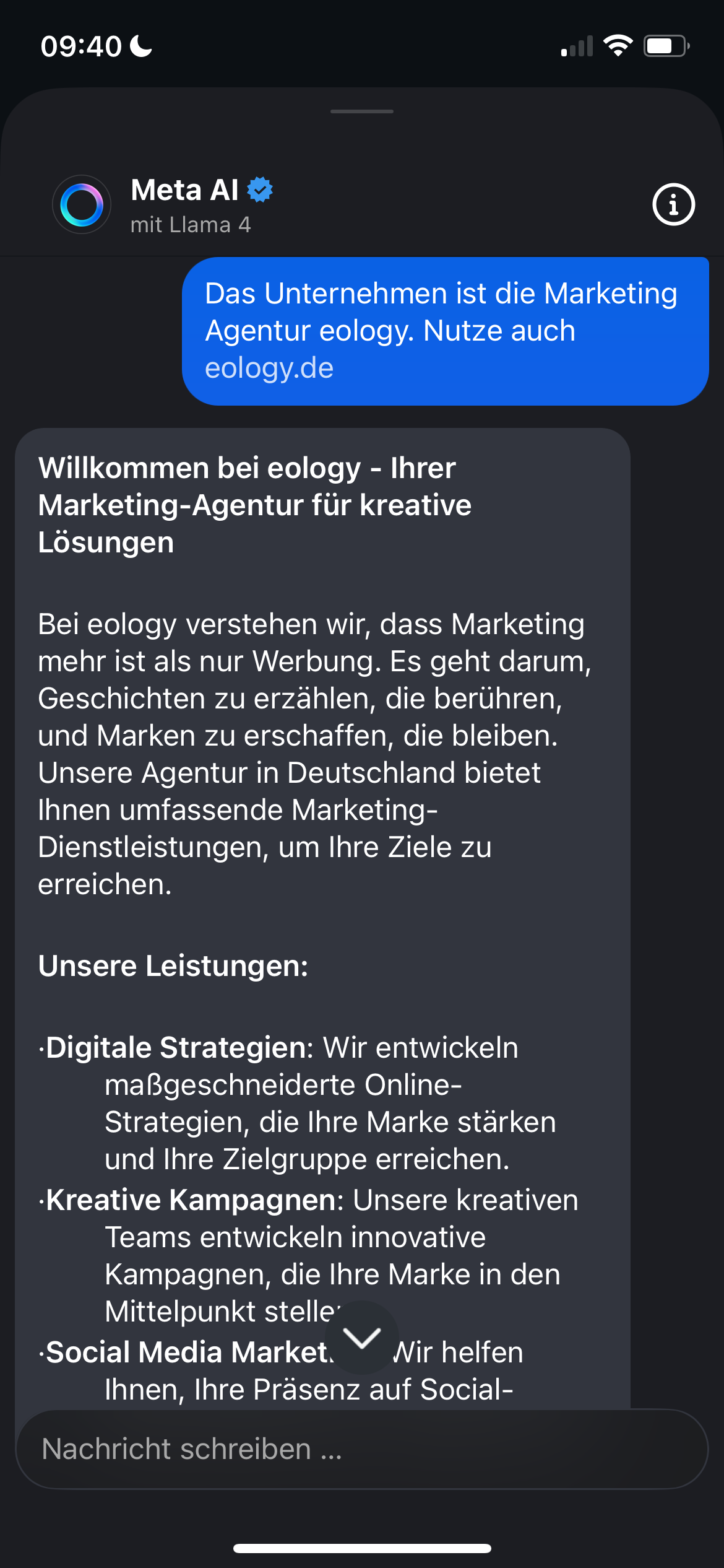 Das Bild zeigt einen Screenshot von Instagram, wo der KI-Chatbot Meta AI die Agentur eology vorstellen soll