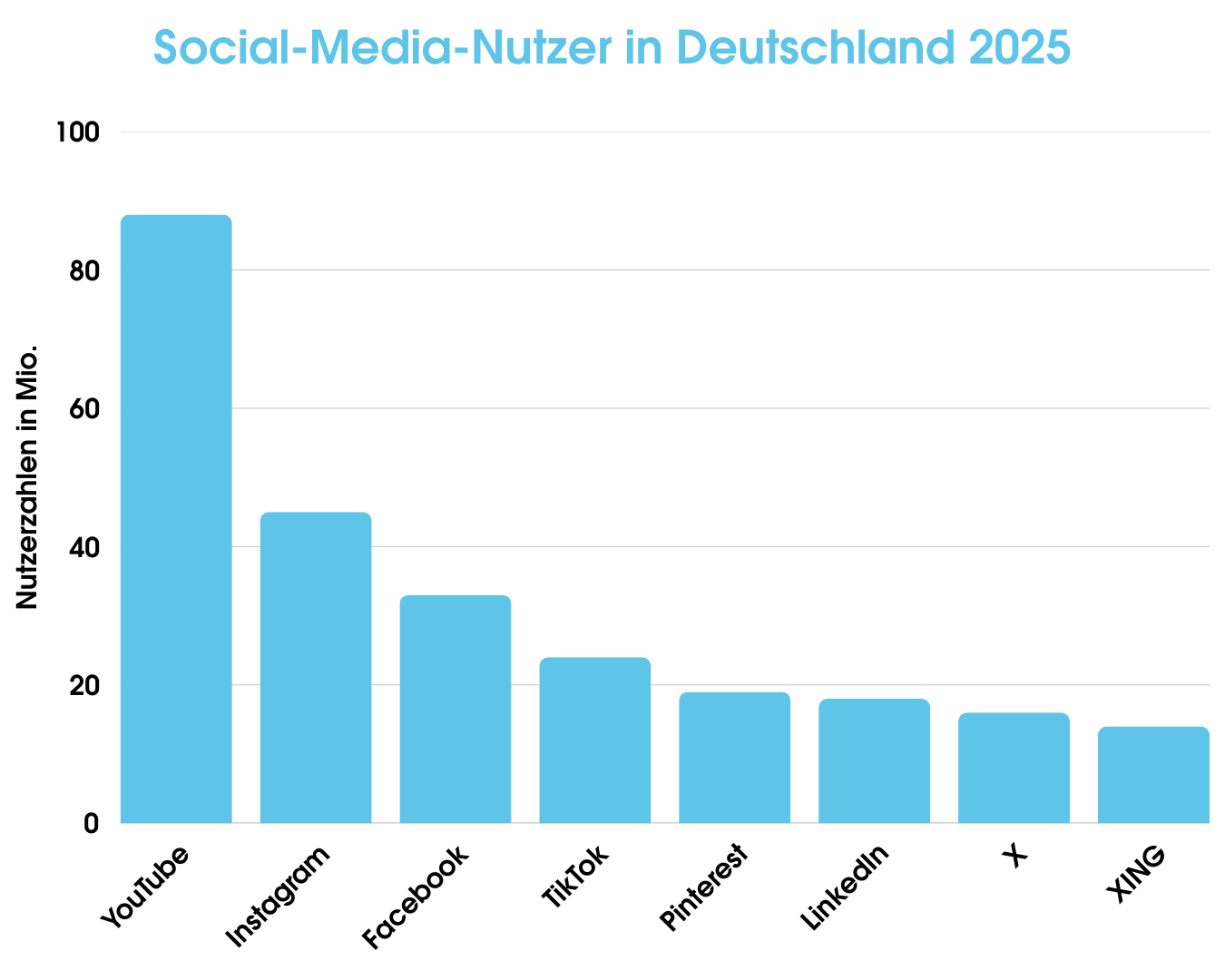Das Bild zeigt eine Statistik der Social Media Nutzer in Deutschland in 2025. Man sieht, dass YouTube mit über 80 Millionen Nutzer klar dominiert.
