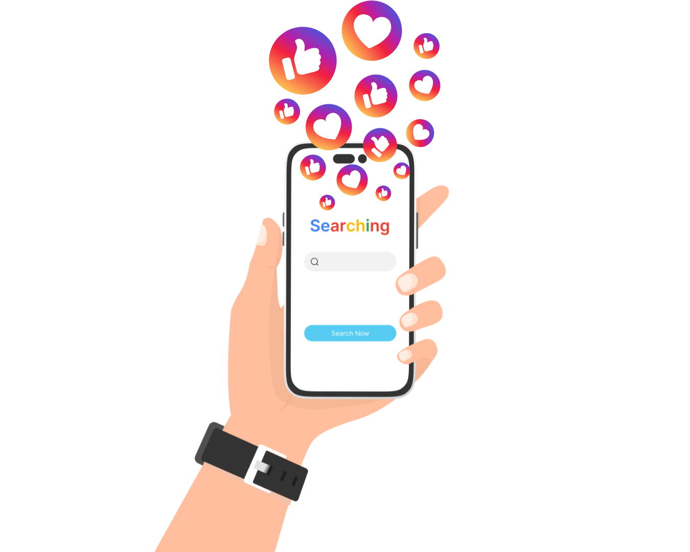 Zu sehen ist eine Grafik mit der Darstellung einer Hand, die ein Handy hält, auf dem die Google Suchleiste offen ist. Symbolisch erscheinen dort Instagram Likes und Daumen hoch Zeichen.