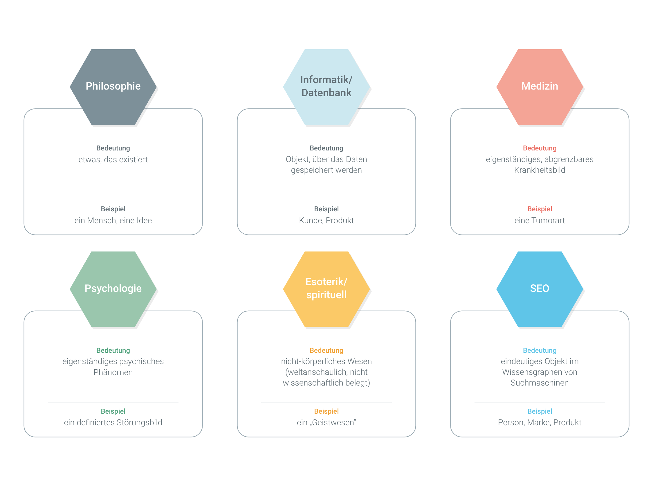Übersichtsgrafik zur Bedeutung von Etitäten in sechs Fachbereichen – Phylosophie, Informatik/Datenbank, Medizin, Psychologie, Esoterik/spirituell und SEO – jeweils mit Bedeutung und Beispiel